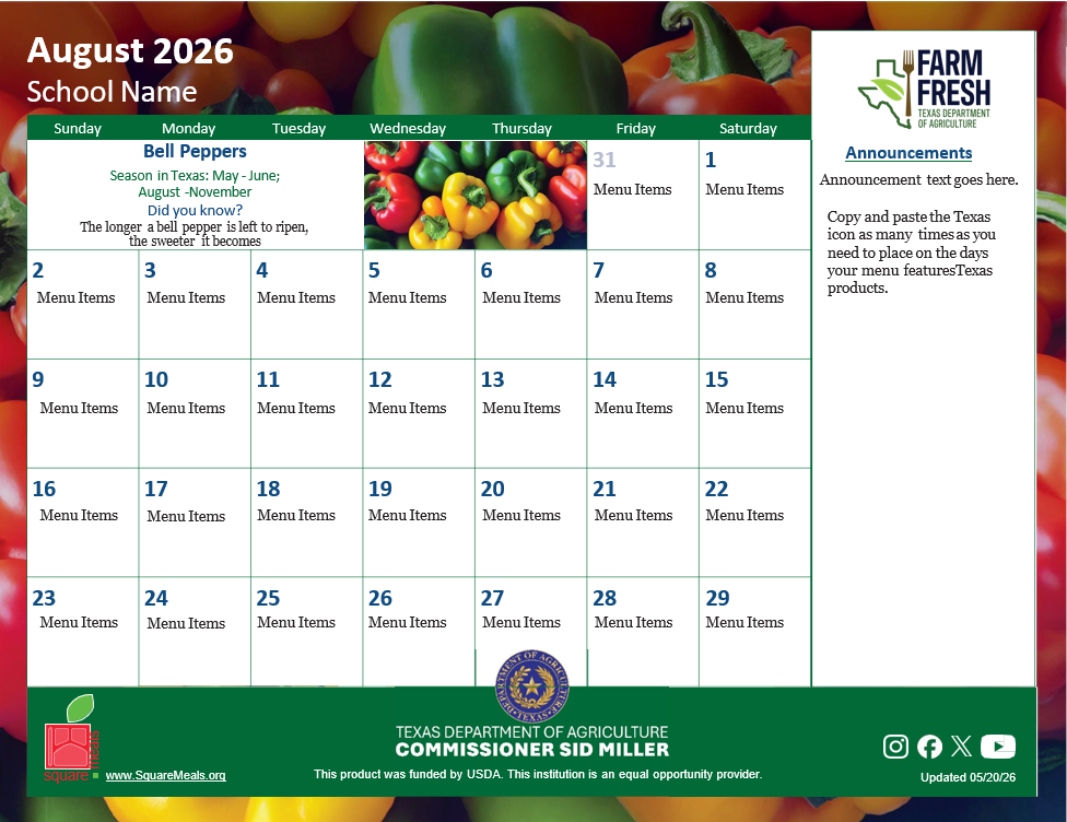Menu Calendar Templates
