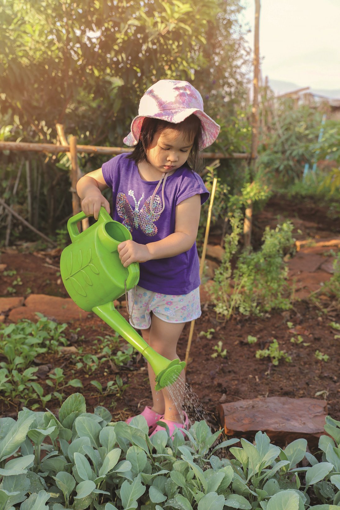 Little Girl Watering a Garden
