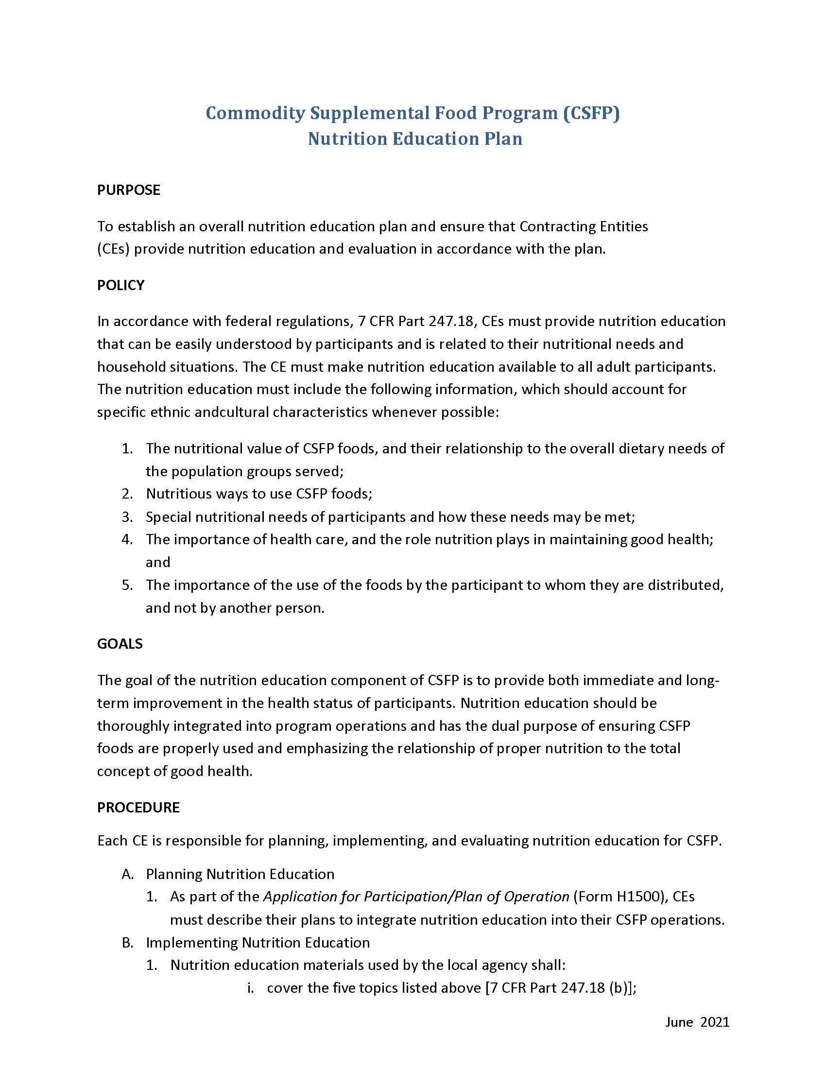 Nutrition Education Plan and Evaluation Process